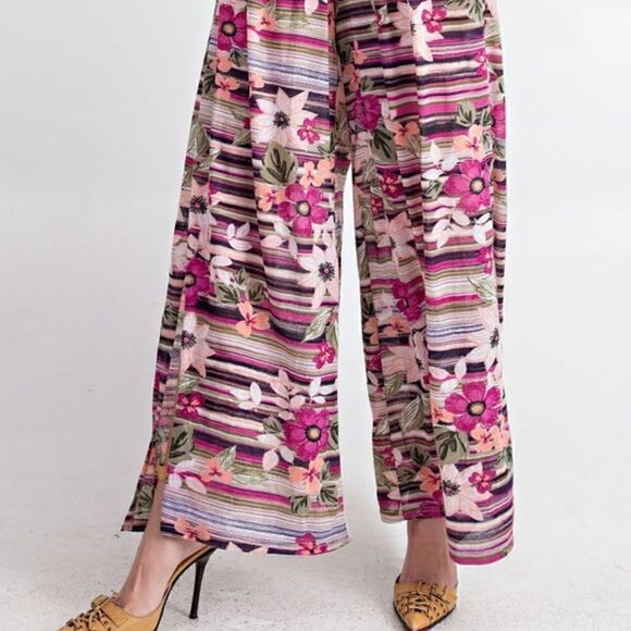 NEW! Super Cute Boho Floral Pattern Lightweight Wide Leg Pants Elastic Waist - Picture 4 of 6